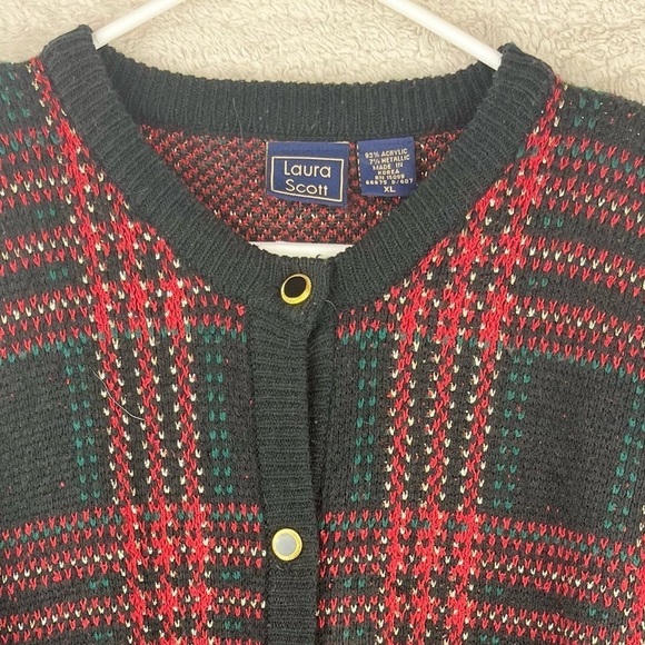 Vintage Knit Plaid Cardigan Blazer Gold Buttons Sz XL Birdseye Preppy Xmas - Picture 3 of 12